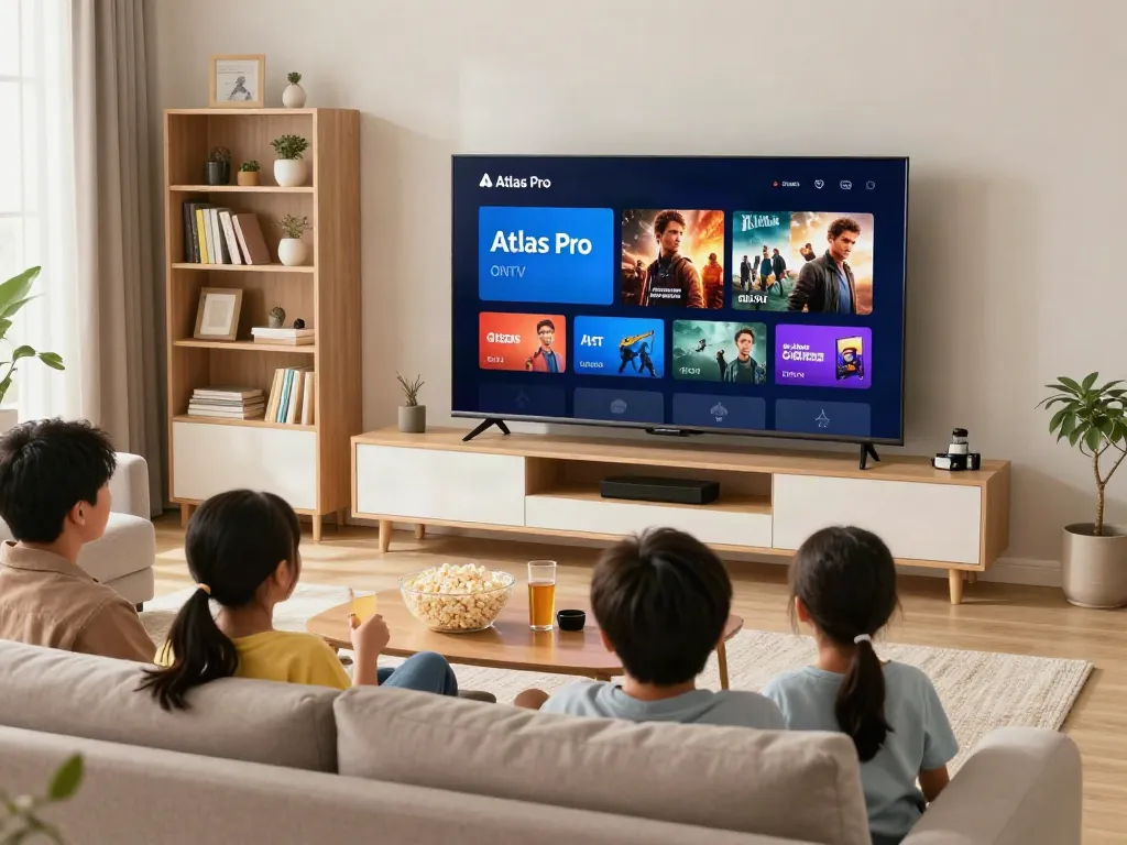 Famille profitant de l'application Atlas Pro ONTV dans un salon chaleureux et moderne.