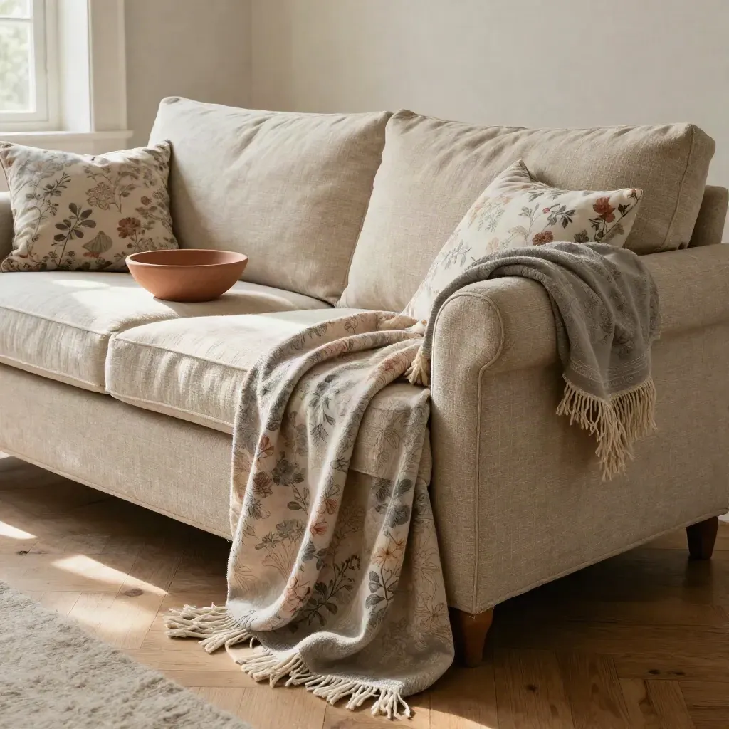 Trois tissus coordonnés tombent d’un canapé, avec coussin et bol à épingles en terre cuite.