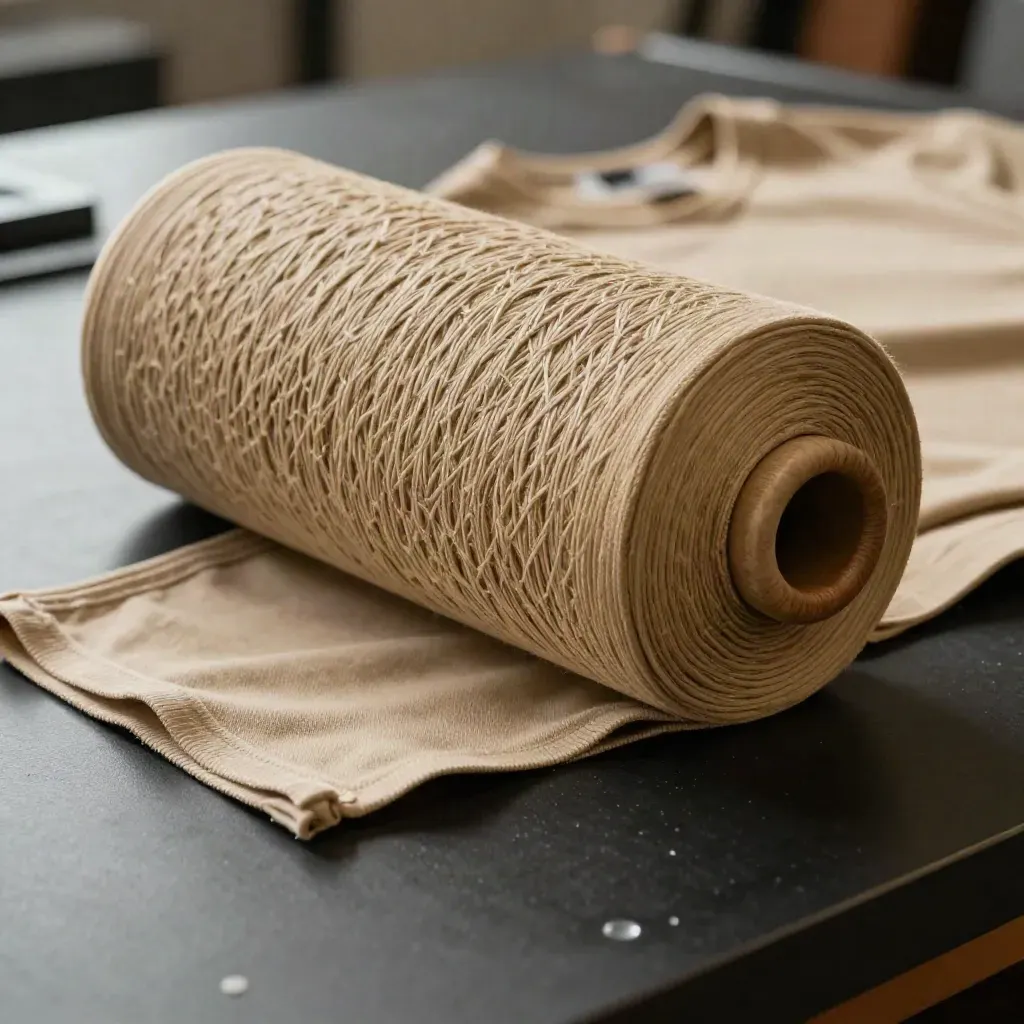 Rouleau de jersey coton kaki, anneau en bois et patron plié sur fond noir.