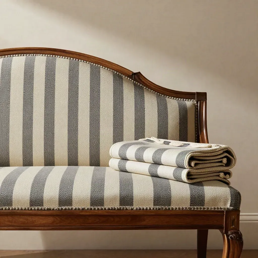 Coupon de tissu d’ameublement rayé drapé sur un banc ancien, avec cordon tressé.