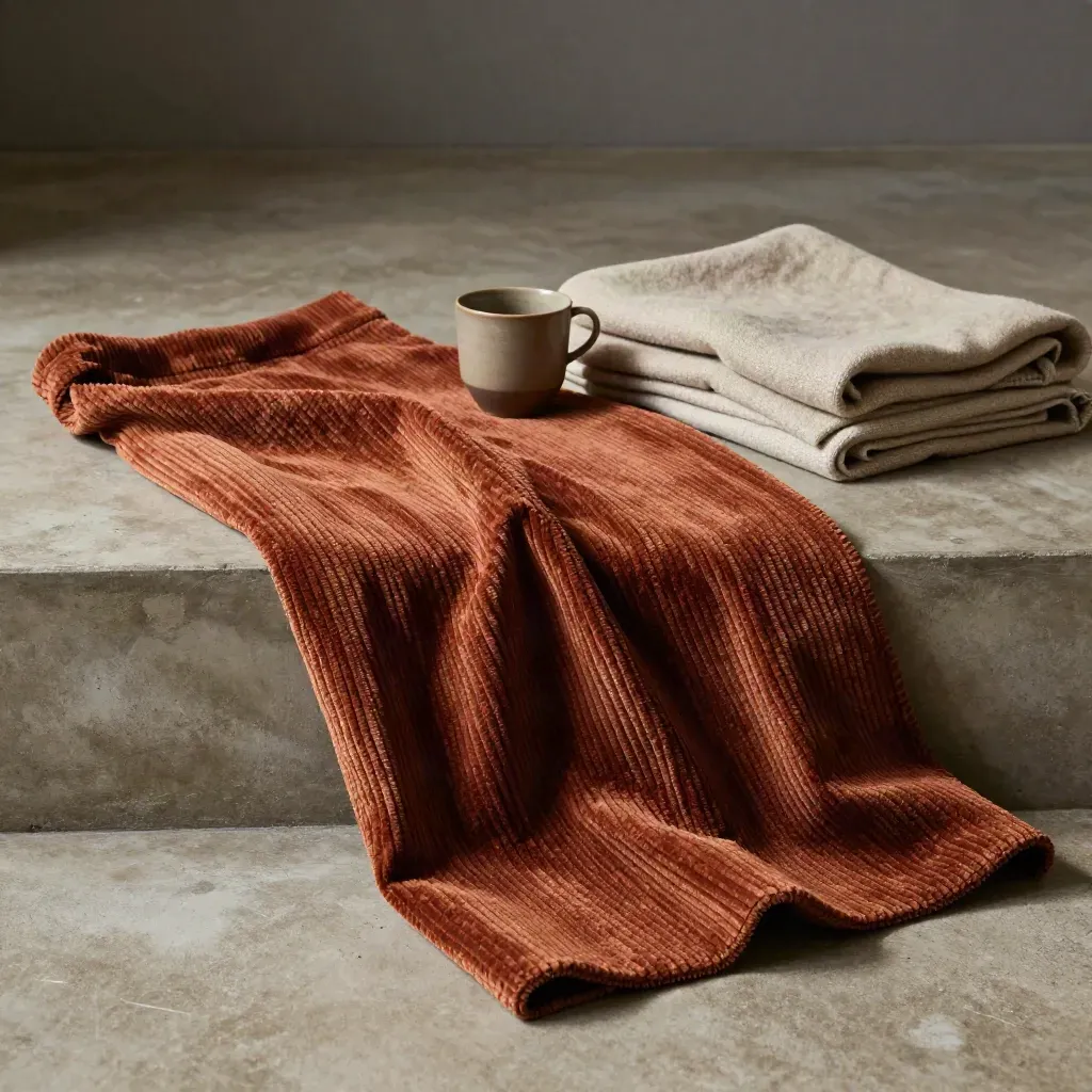 Tissu côtelé rouille drapé sur une marche en chêne, avec plaid de laine et tasse en céramique.