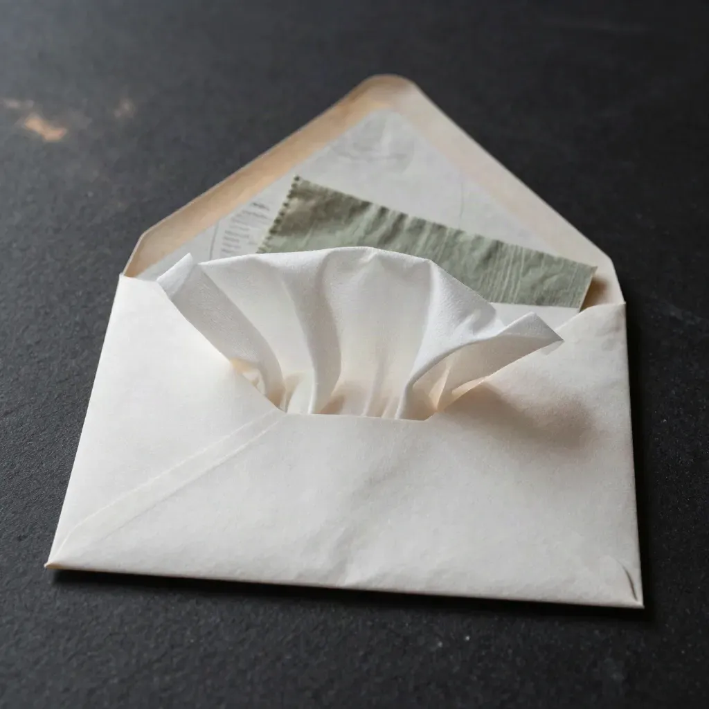 Enveloppe de patron de robe avec papier de soie, sur surface noire, lumière rasante.