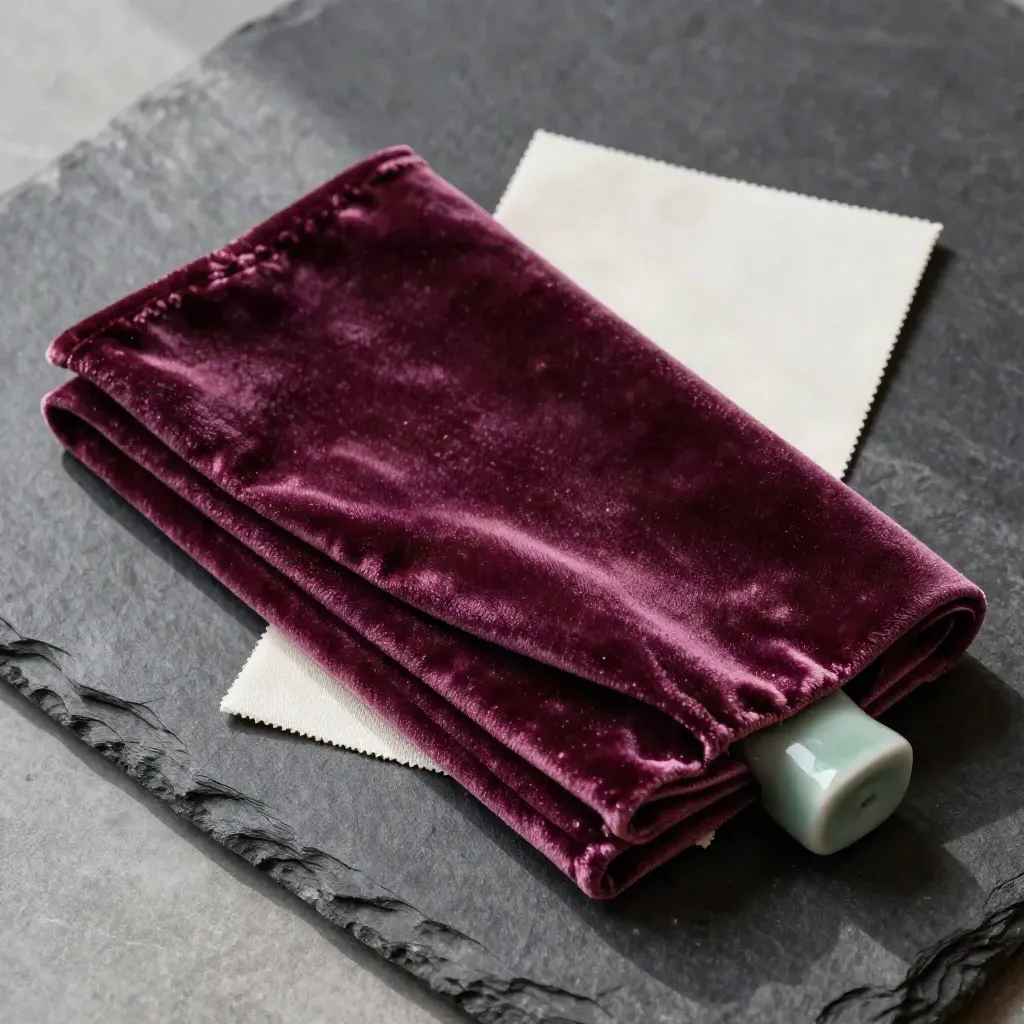 Velours prune plié avec poids céramique sauge sur dalle de pierre sombre.