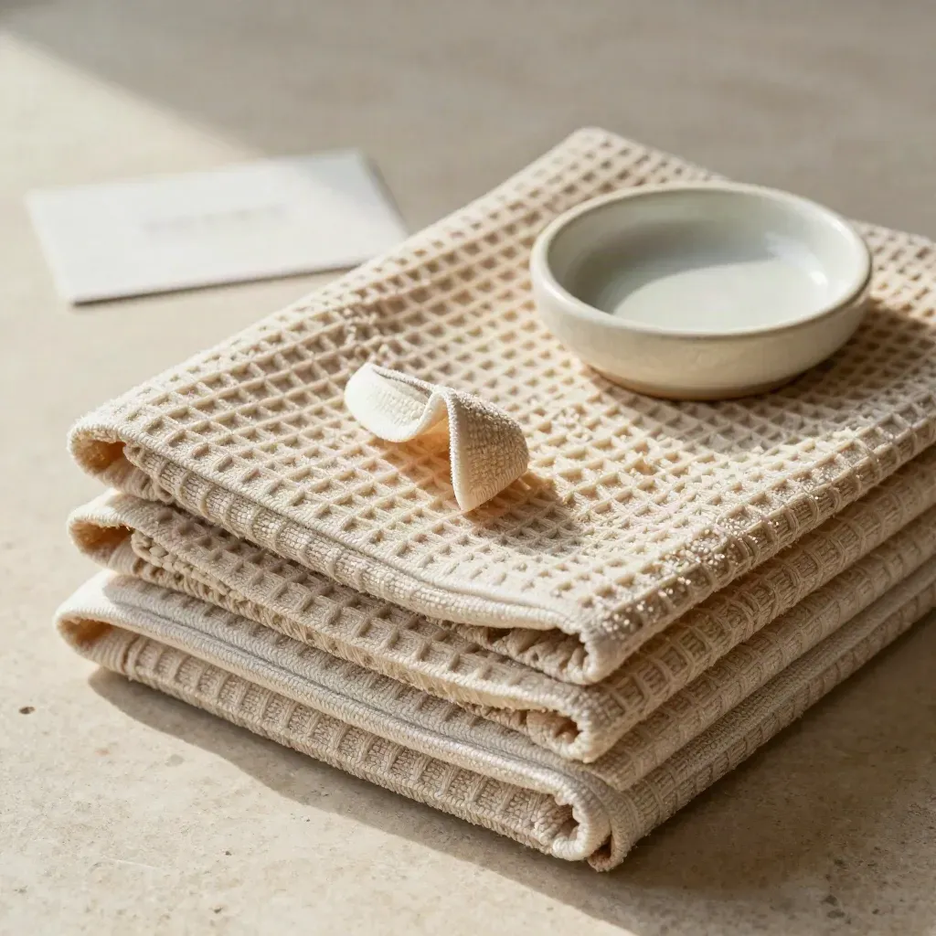 Gros plan d’un tissu nid d’abeille plié avec un porte-savon en céramique sur pierre claire.