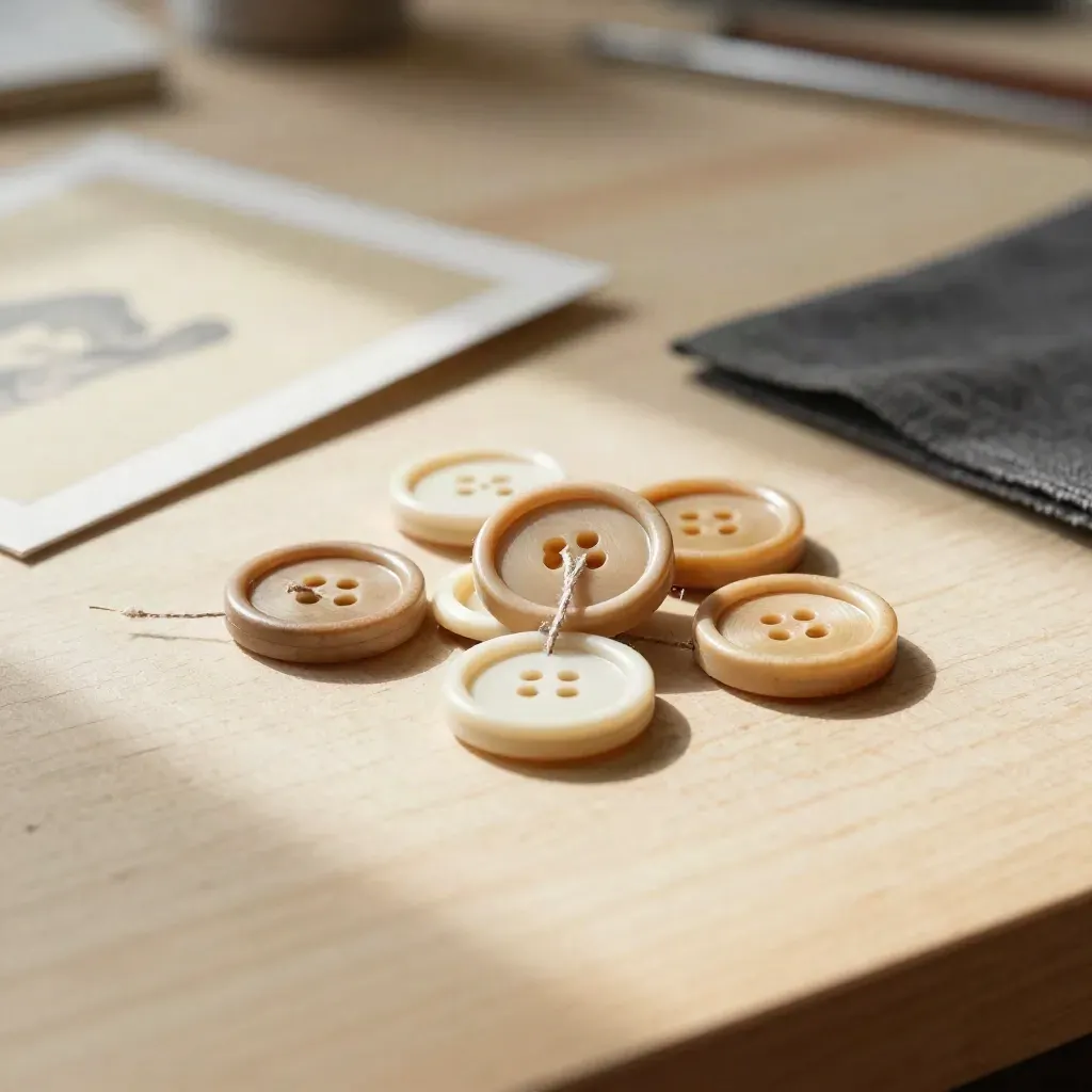 Dix boutons en bois naturel sur un tissu pâle, en petit cluster avec une carte floue.