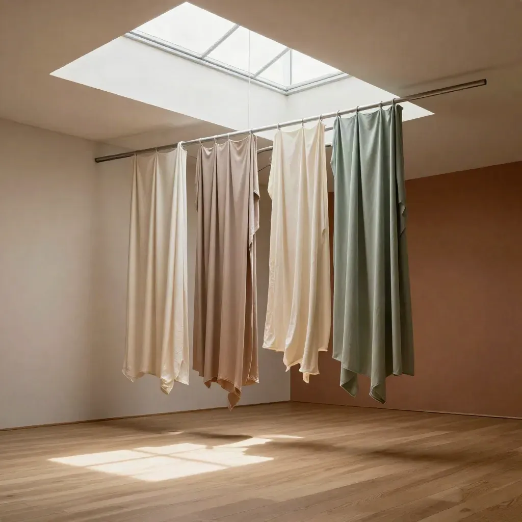Loft lumineux avec jersey suspendu, fenêtre haute et sol en chêne clair, espace calme.