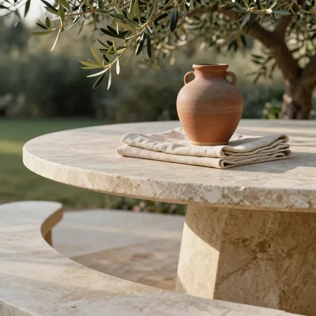 Table en travertin avec lin neutre, vase en céramique et feuillage flou